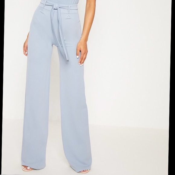 PrettyLittleThing Pants - Dusty Blue Tie Waist Wide Leg Pants